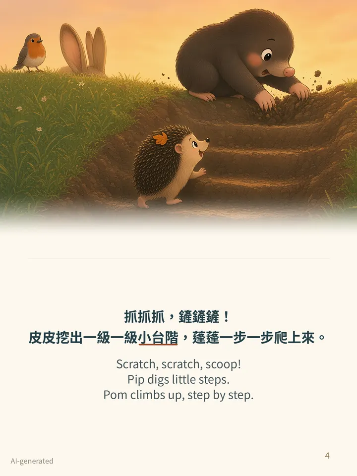 Pip and the Steady Light, story page 4: illustration with Traditional Chinese and English text