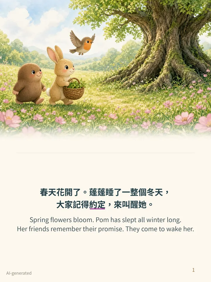 Pip and the Thorny Bush, story page 1: illustration with Traditional Chinese and English text