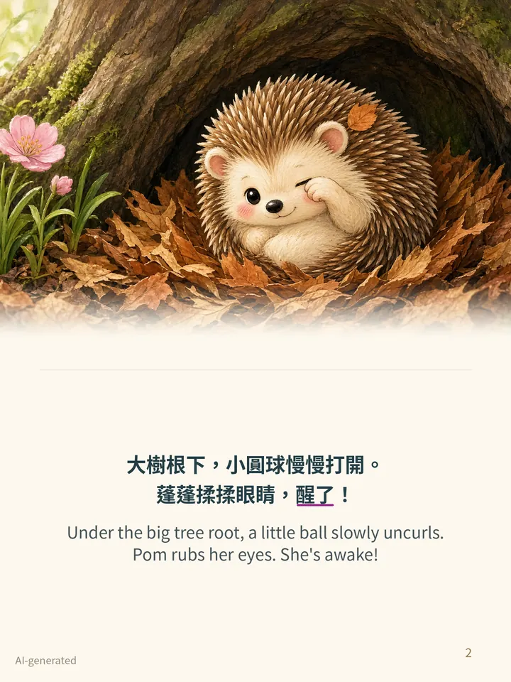 Pip and the Thorny Bush, story page 2: illustration with Traditional Chinese and English text
