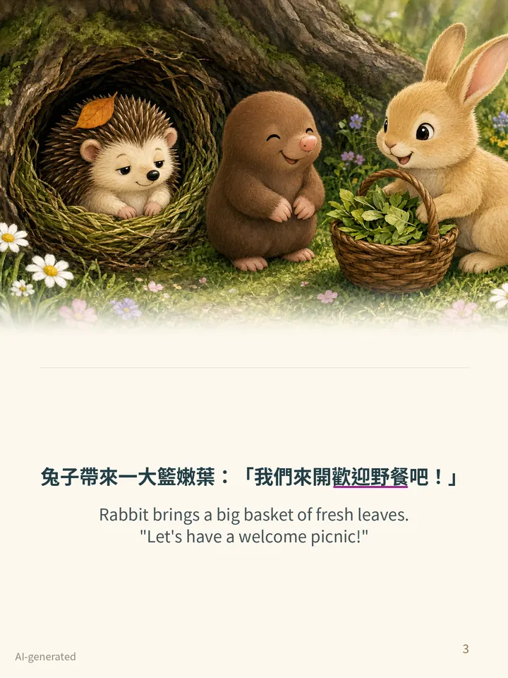 Pip and the Thorny Bush, story page 3: illustration with Traditional Chinese and English text