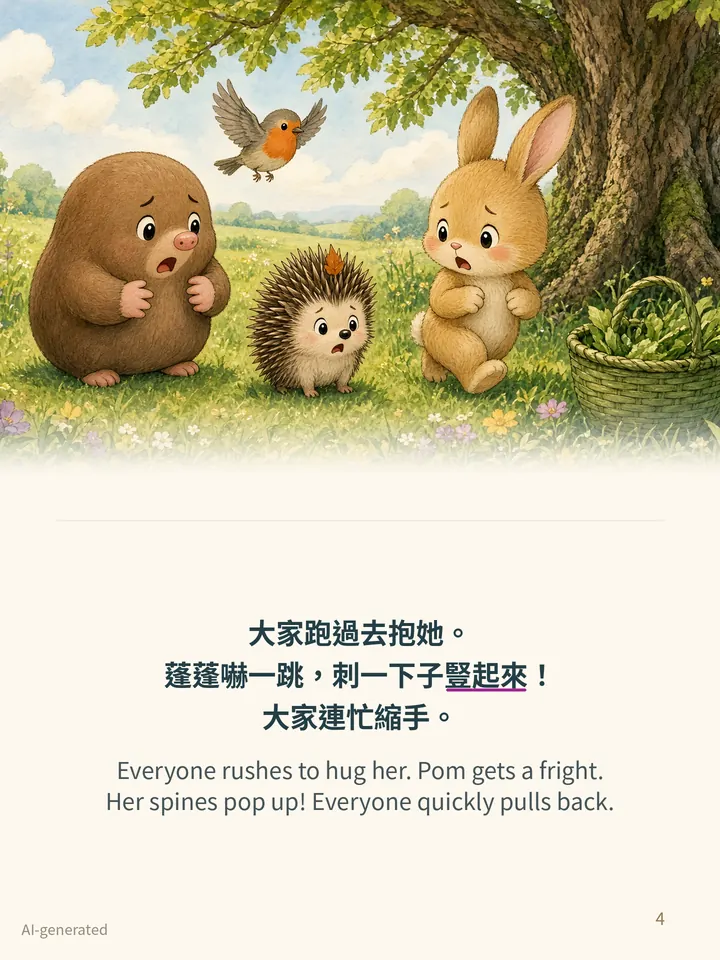 Pip and the Thorny Bush, story page 4: illustration with Traditional Chinese and English text