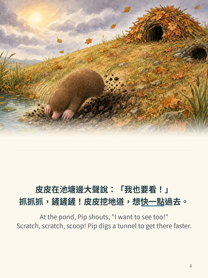 Pip and the Windy Day, story page 4: illustration with Traditional Chinese and English text