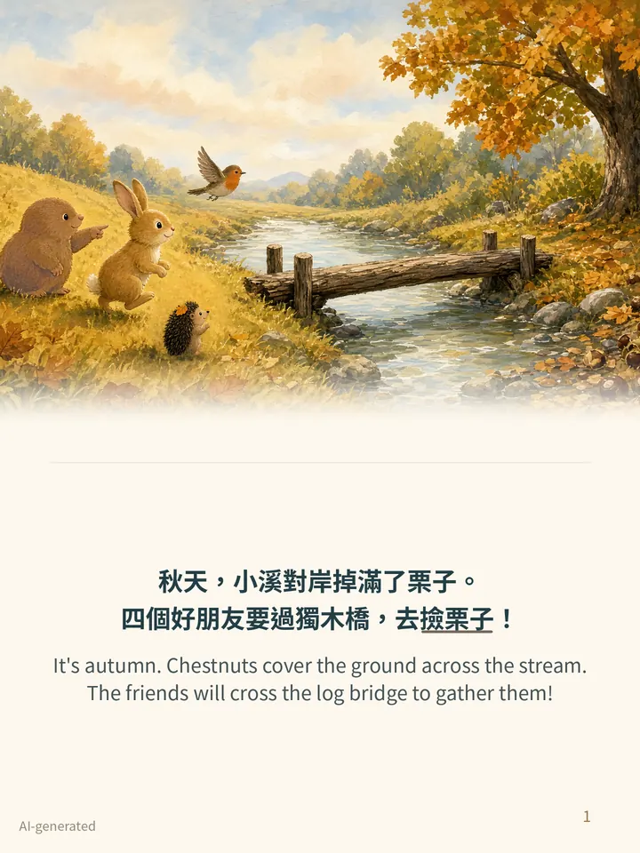Pip and the Wobbly Bridge, story page 1: illustration with Traditional Chinese and English text