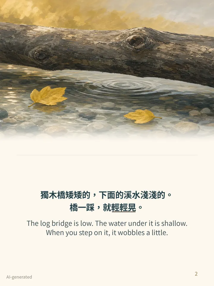 Pip and the Wobbly Bridge, story page 2: illustration with Traditional Chinese and English text