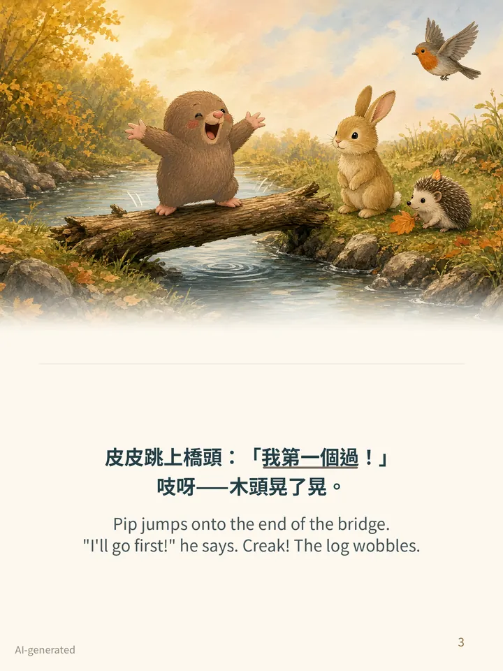 Pip and the Wobbly Bridge, story page 3: illustration with Traditional Chinese and English text