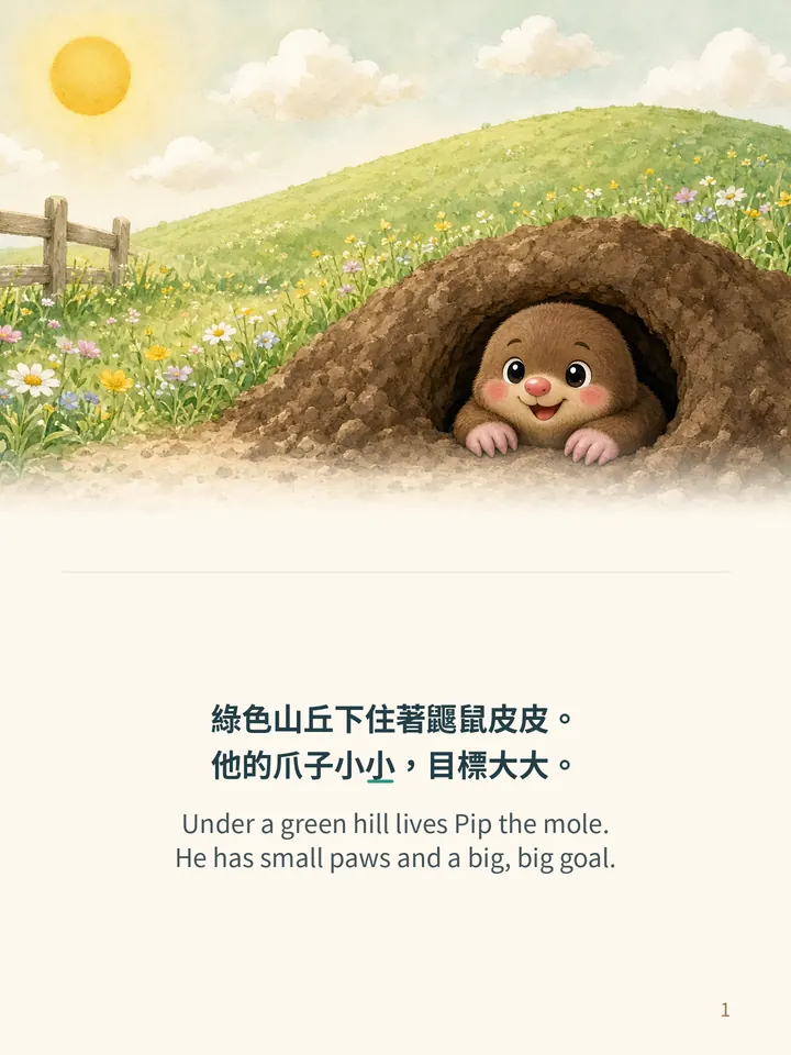 Pip's Big Dig, story page 1: illustration with Traditional Chinese and English text