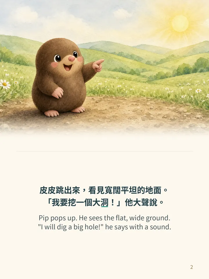 Pip's Big Dig, story page 2: illustration with Traditional Chinese and English text