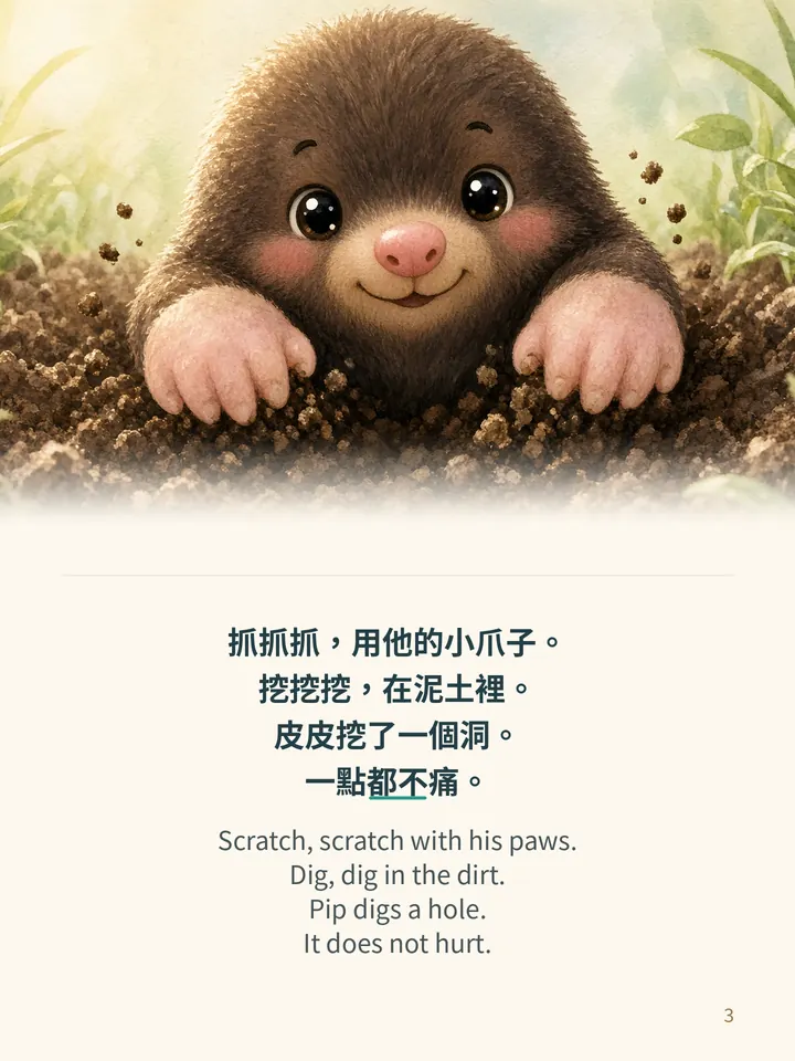 Pip's Big Dig, story page 3: illustration with Traditional Chinese and English text