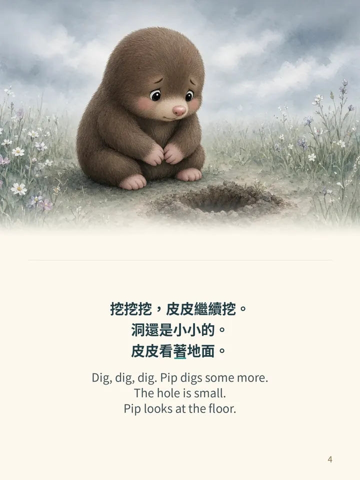 Pip's Big Dig, story page 4: illustration with Traditional Chinese and English text